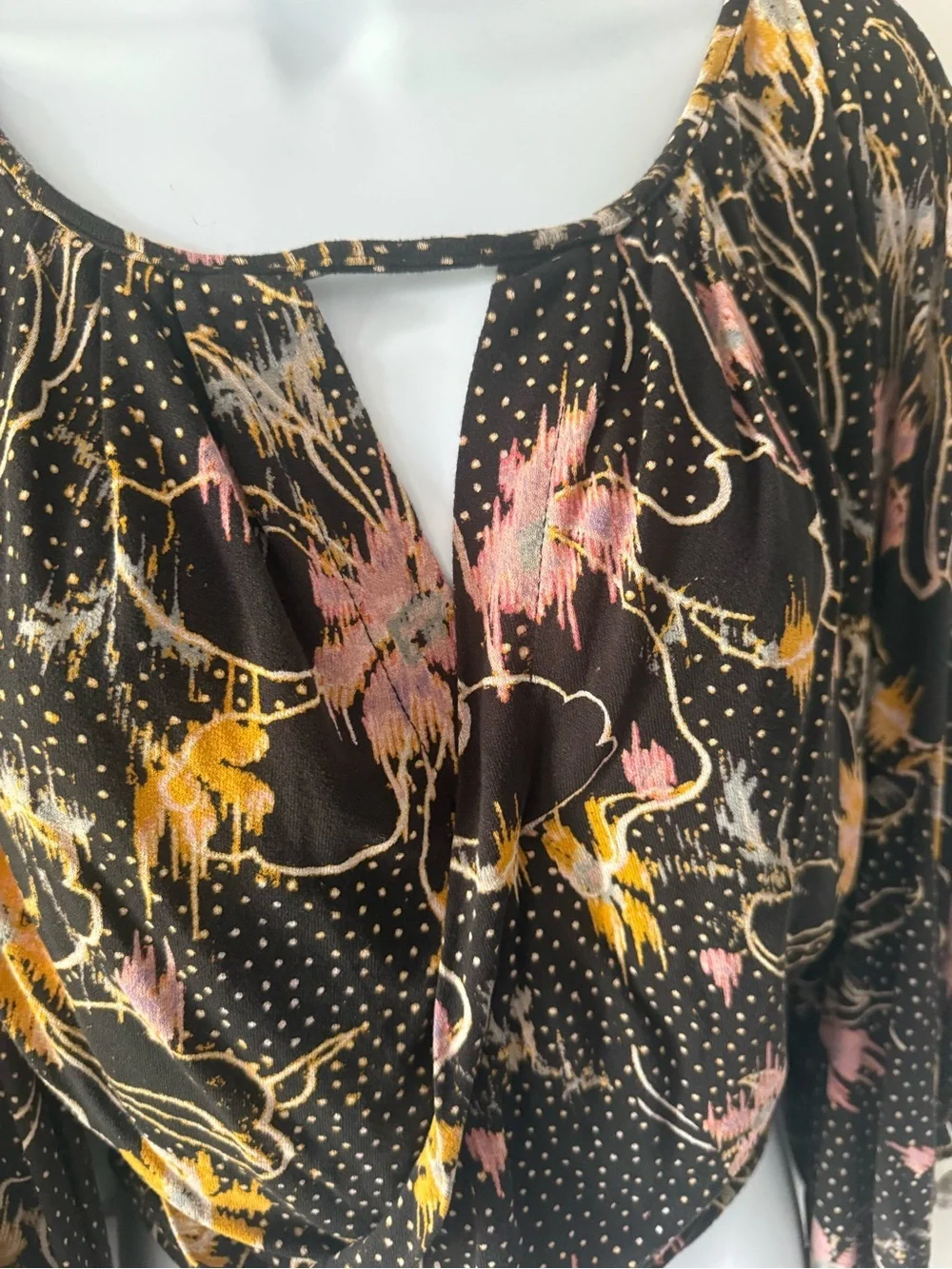 Free People Black Floral Keyhole Bell Sleeve Top with Pink & Yellow Accents